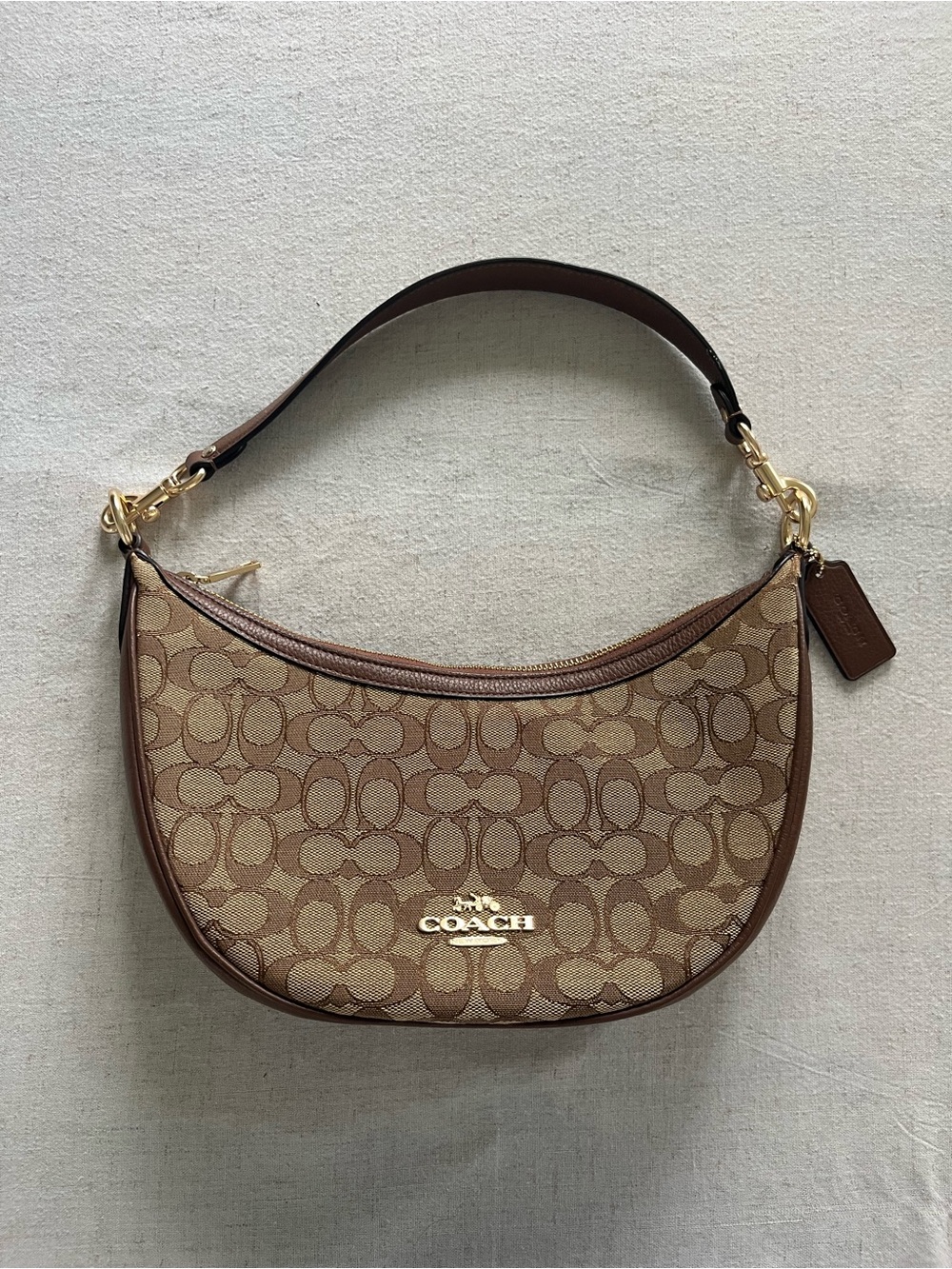 Authentic Coach Brown & Tan Signature Canvas Crescent Shoulder Bag